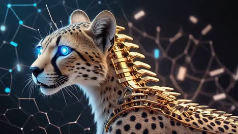 cybernetic cheetah with glowing eyes in a digital network