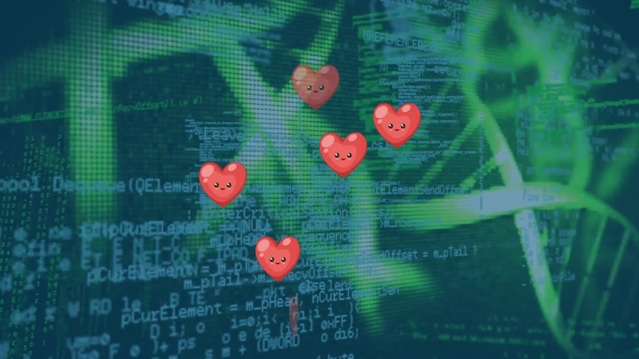 파란색 배경에 대한 데이터 처리에 대한 분홍색 심장 아이콘과 dna 구조의 애니메이션