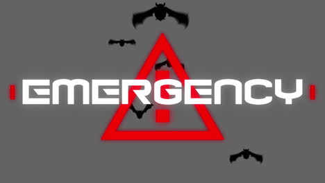 animación del texto de advertencia de emergencia, sobre el triángulo de peligro y los murciélagos, en gris