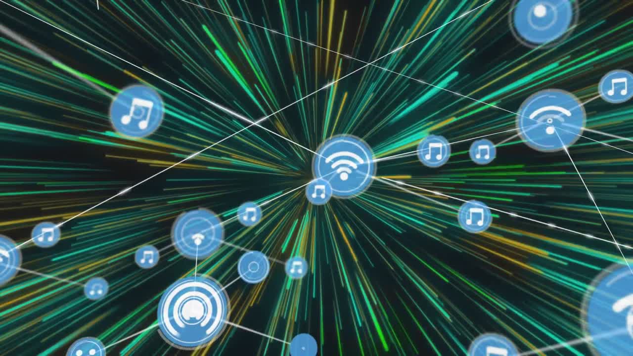 Animation of network of connections with digital icons over green explosion