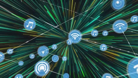 Animation-of-network-of-connections-with-digital-icons-over-green-explosion