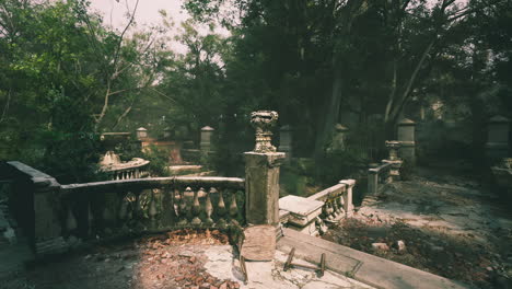 overgrown garden in an abandoned estate with crumbling architecture