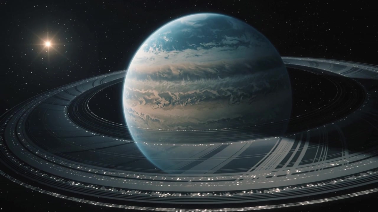 La telecamera panoramica mostra un gigante anellato nello spazio, anelli e terminatore che scorrono a sinistra, con bagliori di stelle