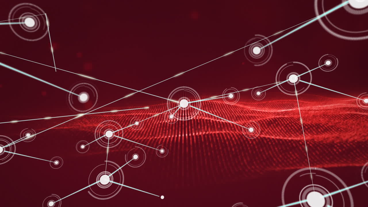 빨간색 마쉬 위에 있는 점들을 가진 연결 네트워크의 애니메이션