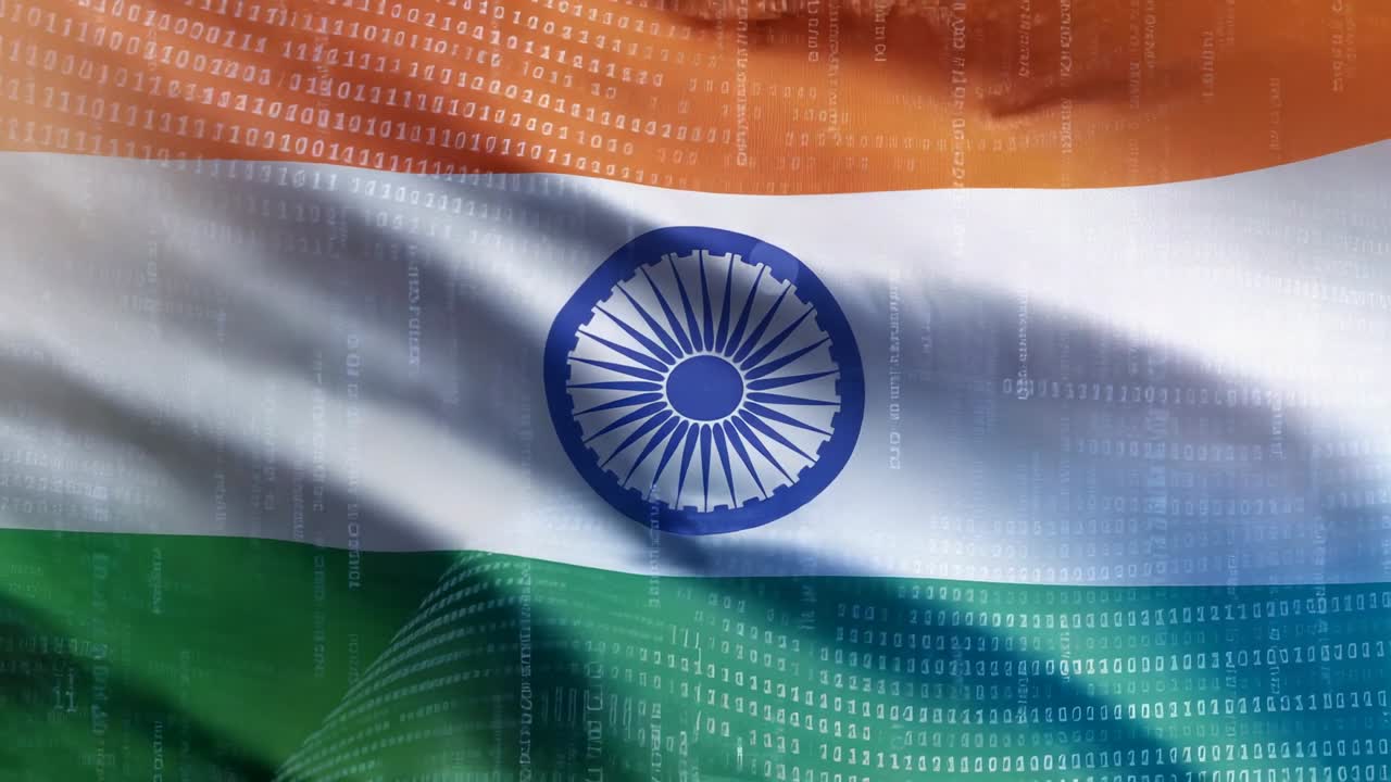 Play starting animated Indian flag rippling across studio showing Ashoka Chakra and binary overlay