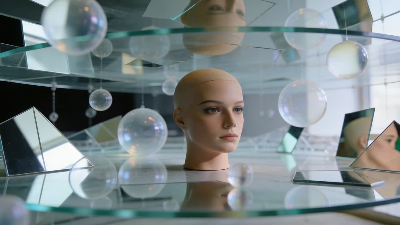 Pushing camera capturing mannequin head on glass shelves in studio, revealing reflections and orbs