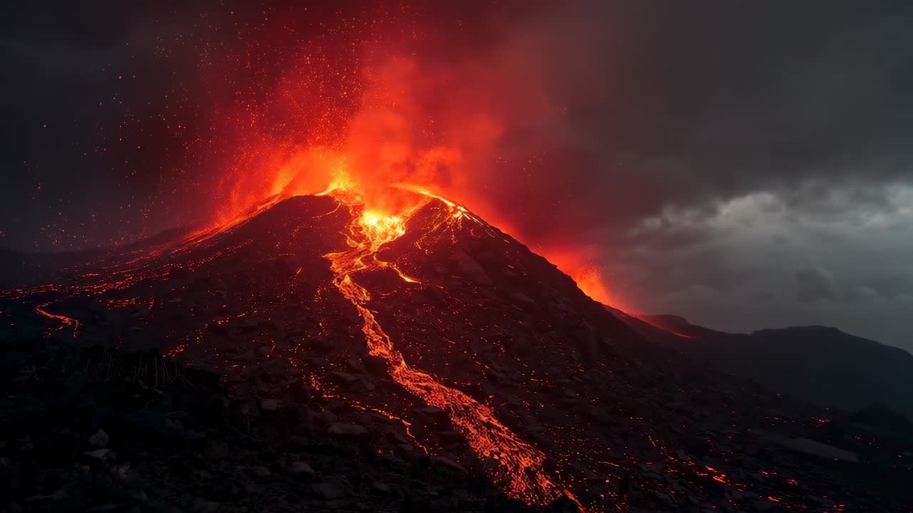 Eruzione vulcanica con lava che scorre lungo il fianco mentre il magma in risalita crea una fontana luminosa, pennacchio al crepuscolo