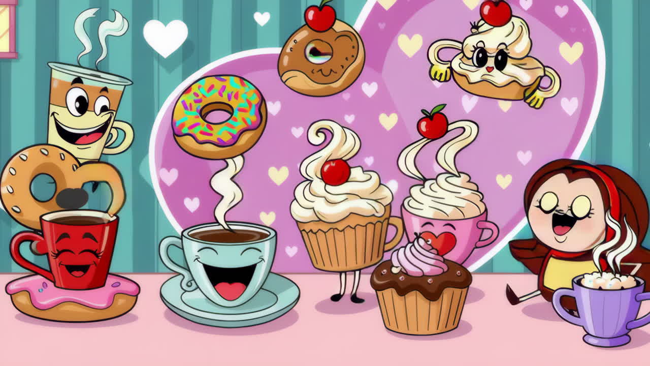 Cute Characters Enjoying Coffee and Treats