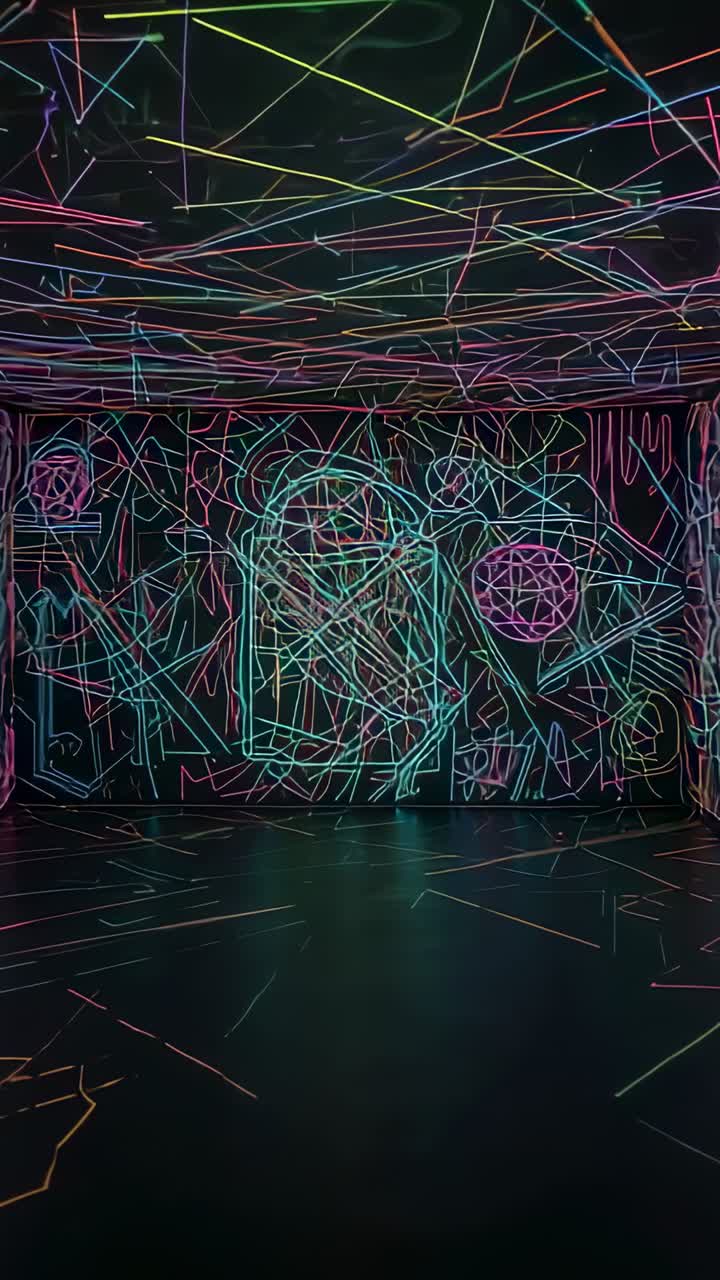 Vertical video: Looping neon projection animating ceiling lines in gallery, with rounded rect motif