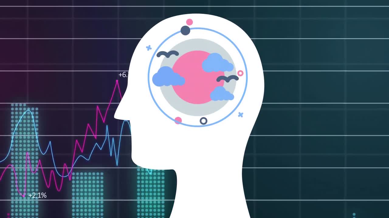 iconos de nubes sobre la cabeza humana contra el procesamiento de datos financieros a través de la red de rejilla sobre fondo azul