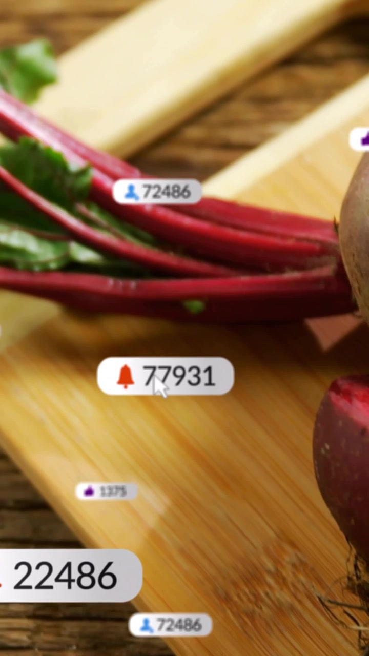 Vertical video: Small bubble appearing and spawning badges over beets on board with counts for food