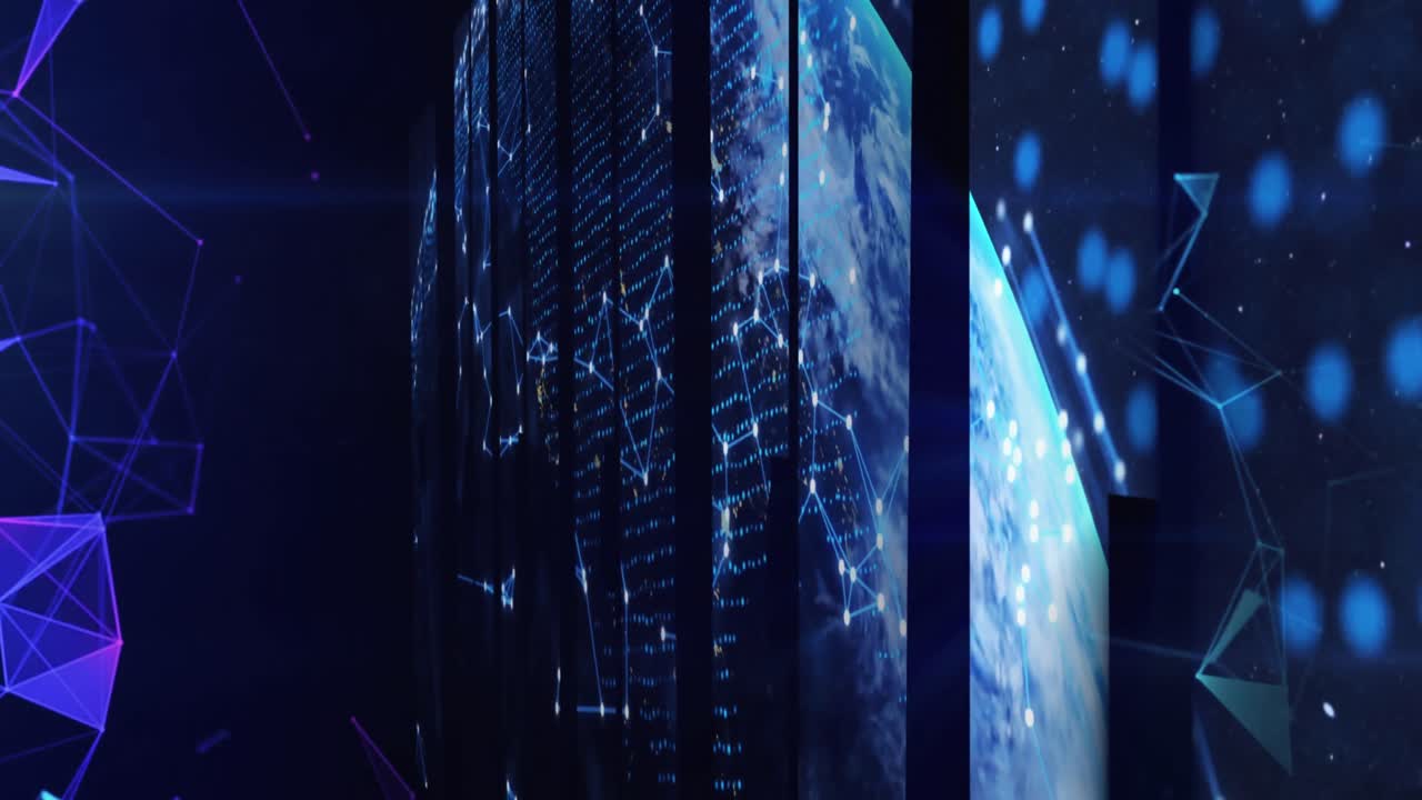 Animation of data processing and shapes on black background