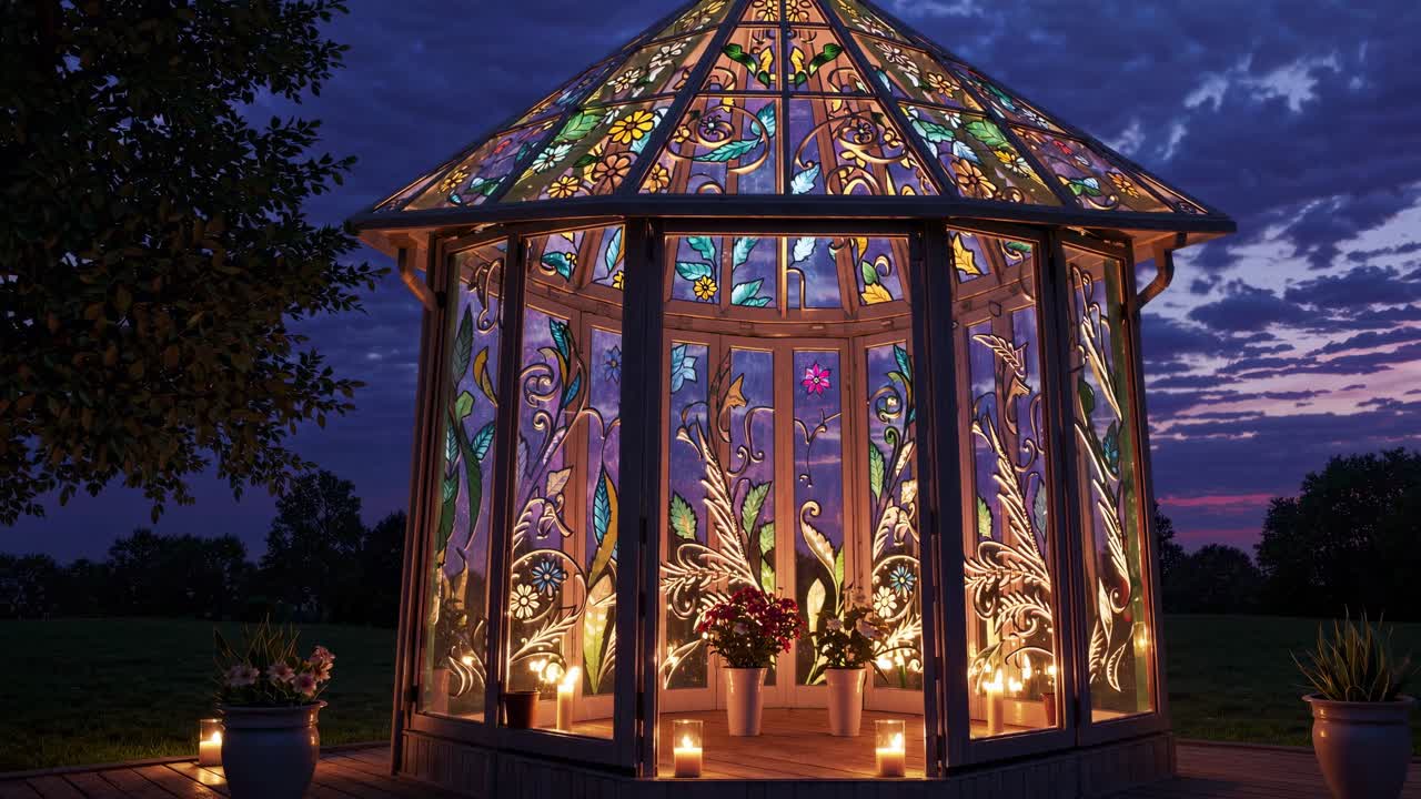 불빛이 따뜻하게 비추는 스테인드 글래스 게지보, 부드러운 황혼 색조가 부드럽고 조용한 분위기로 진정된 정원 풍경을 감싸고 있습니다.