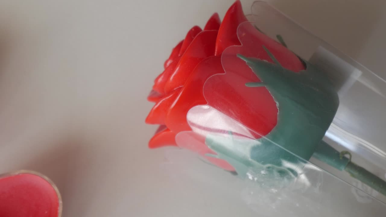 Beautiful red and green rose with plastic wrapping and heart-shaped candles, detailed close-up shot