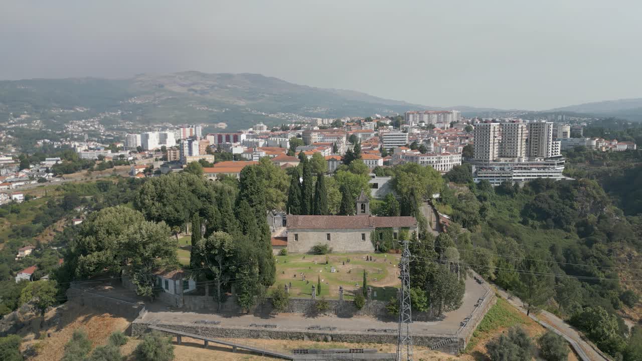 Aerial Orbit of São Dinis Cemetery Curch, Vila Real City in Background