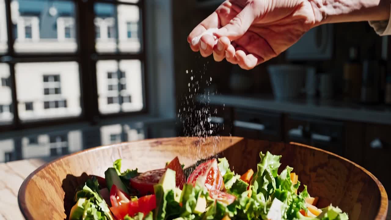 Close-up video of a hand sprinkling salt over a fresh salad in a wooden bowl, with a bright kitchen