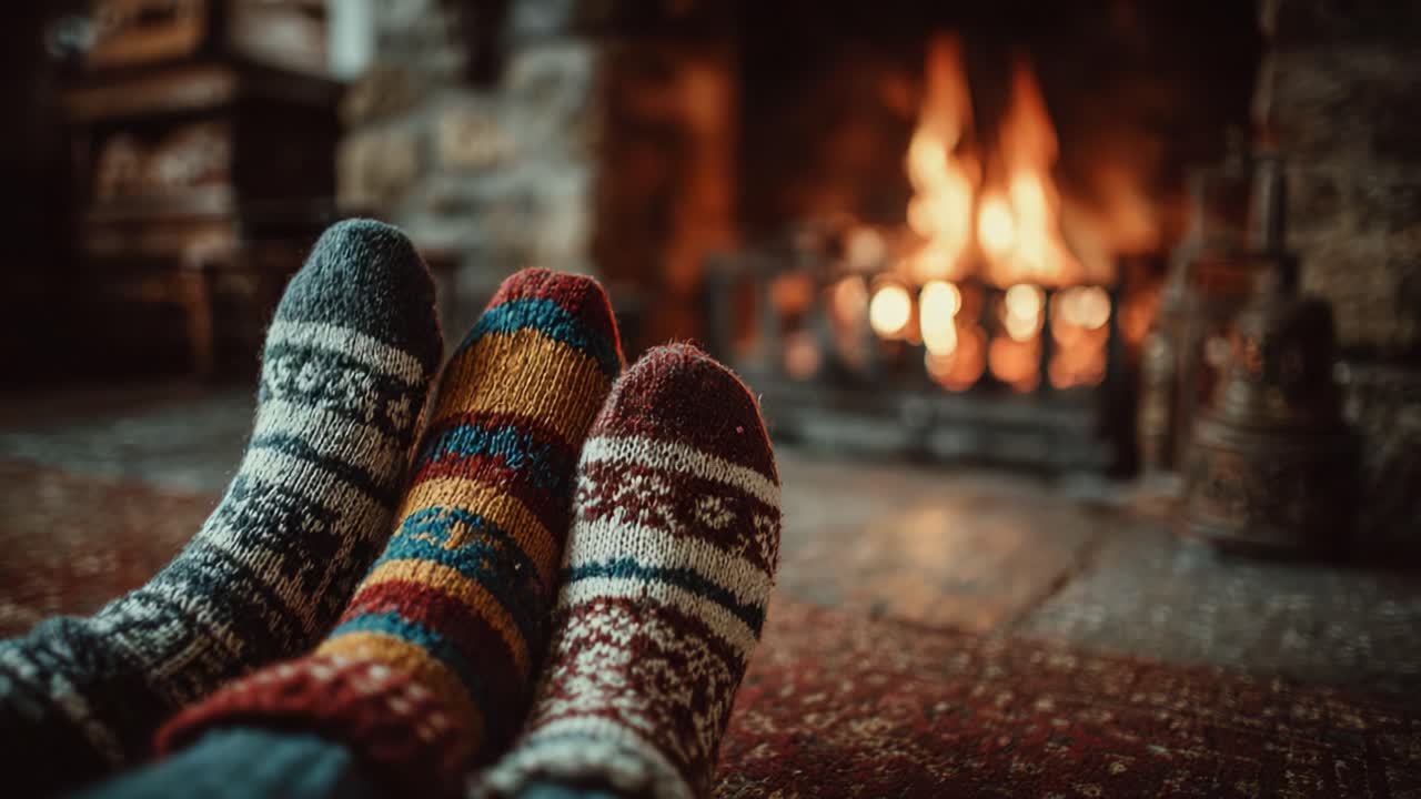 Cozy Winter Moments: Warm Socks Comfortably Resting by a Crackling Fireplace, Inviting a Sense of Relaxation and Serenity on a Chilly Evening