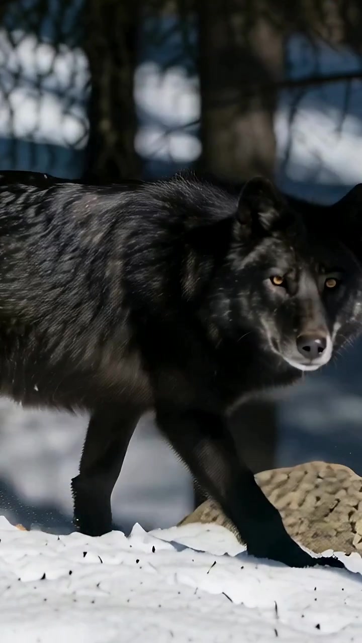 Vertical video: Sensing tracks, black wolf lowering body and stepping off rock across snowy forest