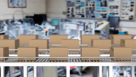 animation of cardboard boxes on conveyor belts over office