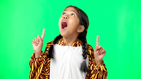 Green-screen,-shocked-and-child-pointing-up