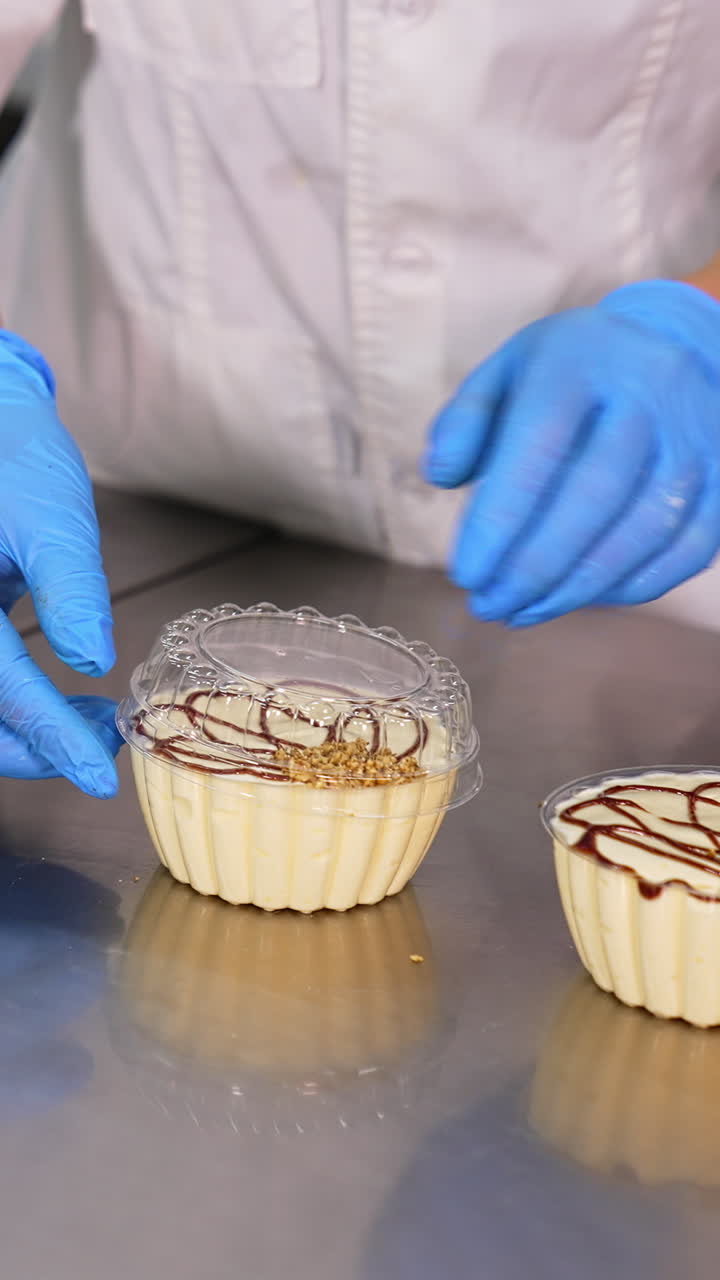 Sweet creamy desserts packaging. Worker's hands in latex gloves put the lids on individual plastic boxes of cake. Close up. Vertical video