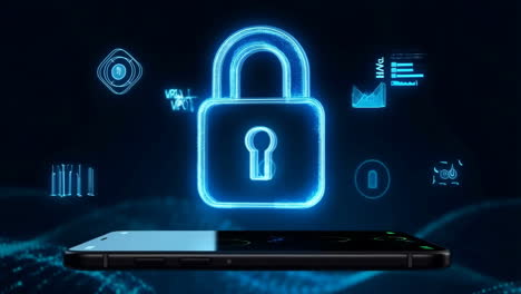 digital security and data protection concept with padlock hologram above a smartphone