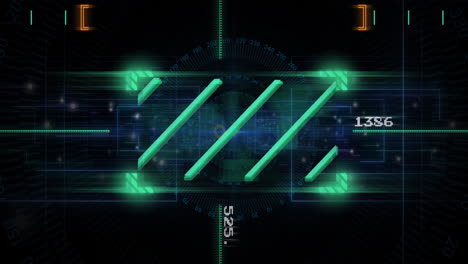 Animation of data processing over screens on black background