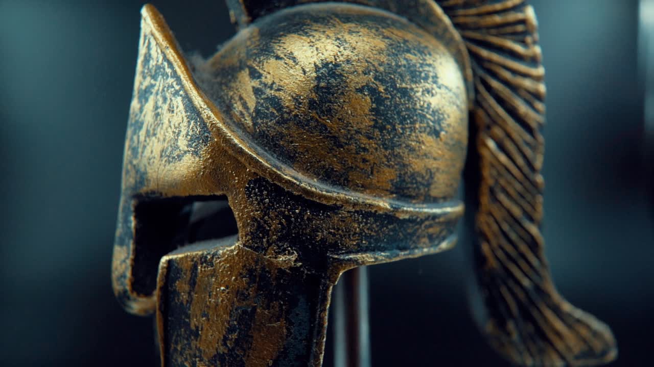 una toma cinematográfica macro de cerca de un diseño de cara espartana, casco de bronce de metal guerrero, en un soporte giratorio de 360, iluminación de estudio, video full hd, cámara lenta de 120 fps