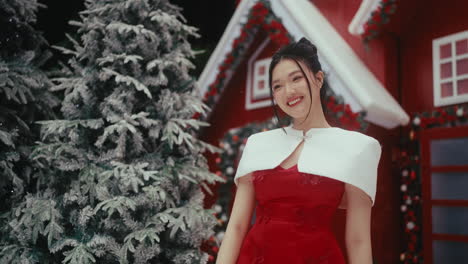 woman in red dress at christmas scene