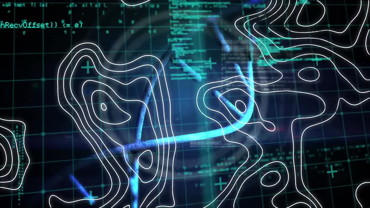 Animation of science data processing over dark background