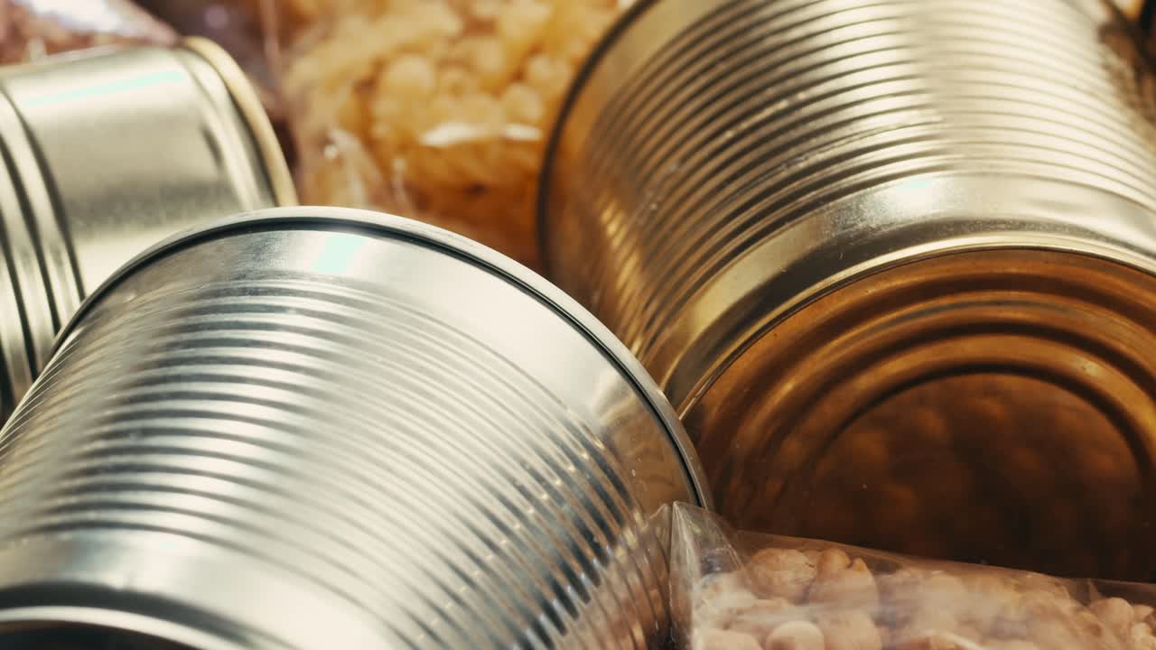 Canned cereals beans fish and vegetables, an assortment of processed foods, supermarket cart online shopping, delivery.