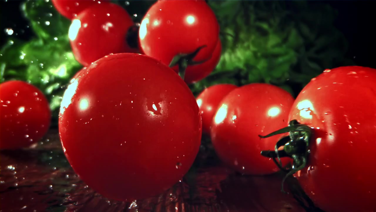 Wasser spritzt in Zeitlupe auf frische rote Kirschtomaten