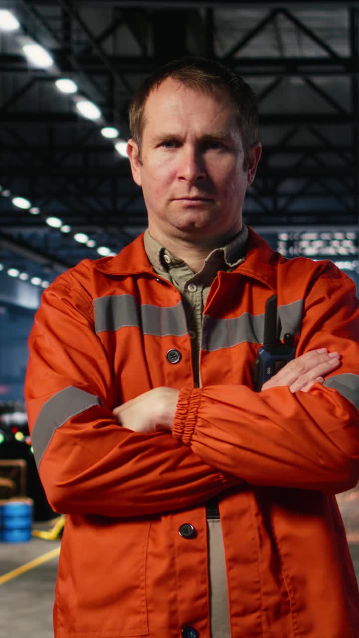 Vertical Video Portrait of engineer supervising welding activity in industrial factory