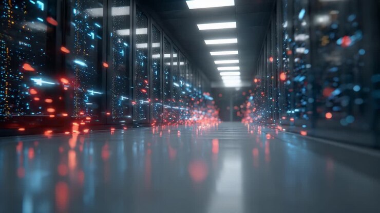 A Dynamic View of a Futuristic Server Corridor Filled with Colorful Data Streams Representing Information Flow in a Tech Environment