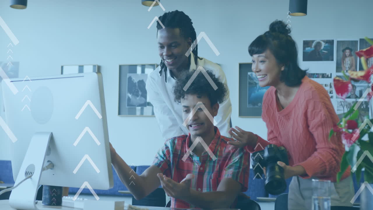 Animation of arrow icons moving upwards against diverse colleagues discussing together at office