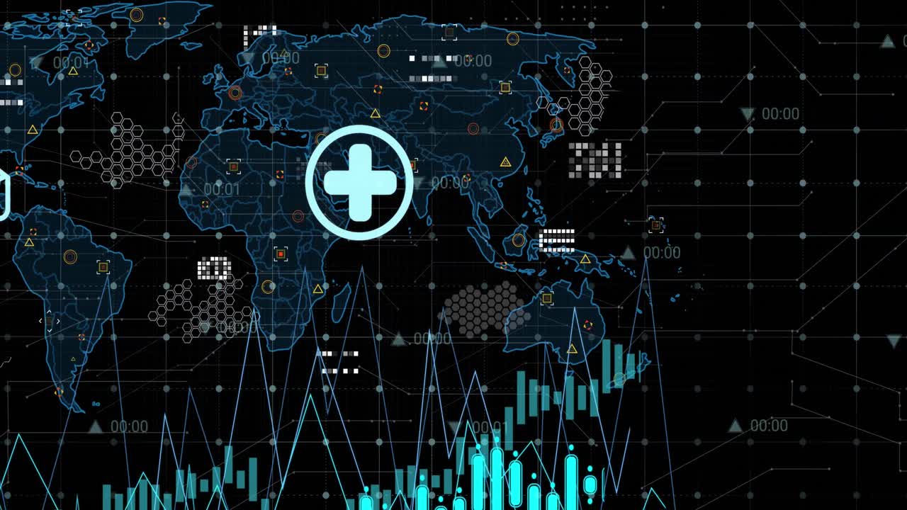 검은 배경에 대한 데이터 처리와 세계 지도 위의 디지털 아이콘의 애니메이션