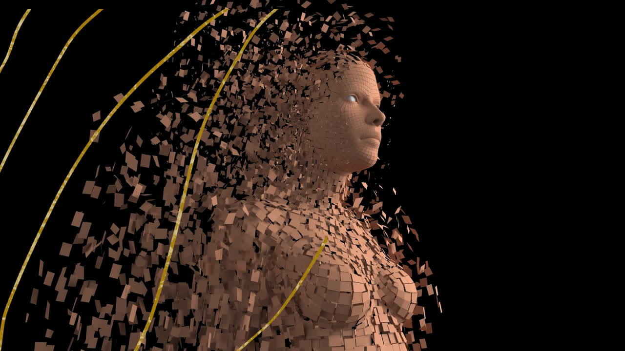 анимация световых следов и цифрового человека на черном фоне