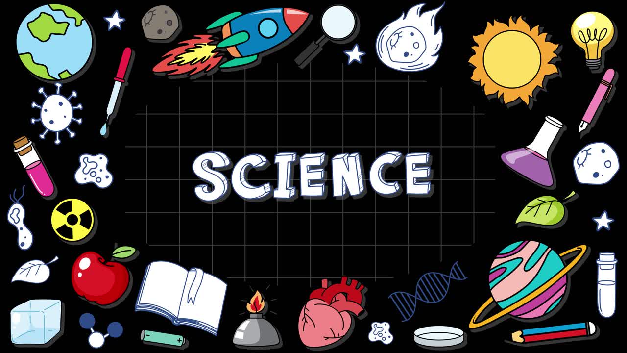 Hand-drawn science icons and the word 'SCIENCE' animate outward, filling a black grid background with colorful educational symbols in a seamless, looping pattern