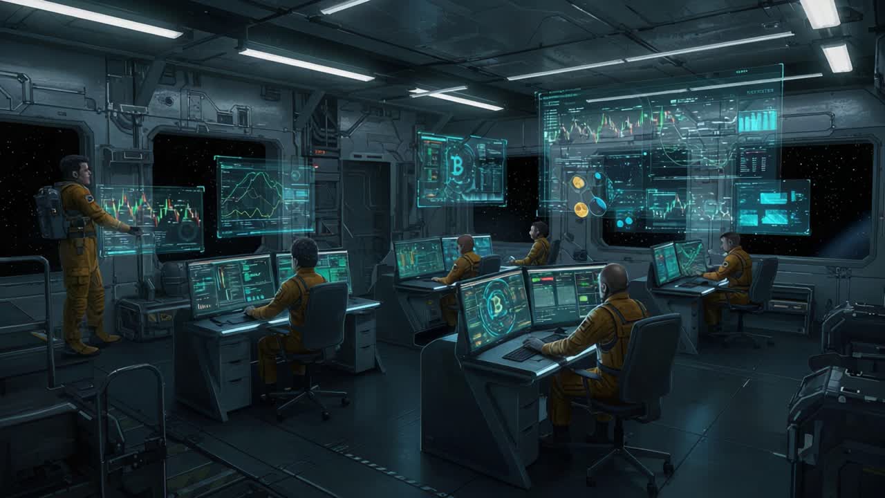 Inside a High-Tech Space Command Center, Crew Analyzing Complex Data on Holographic Displays While Monitoring Financial Trends in a Futuristic Environment