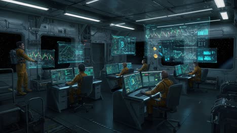 inside a high-tech space command center, crew analyzing complex data on holographic displays while monitoring financial trends in a futuristic environment
