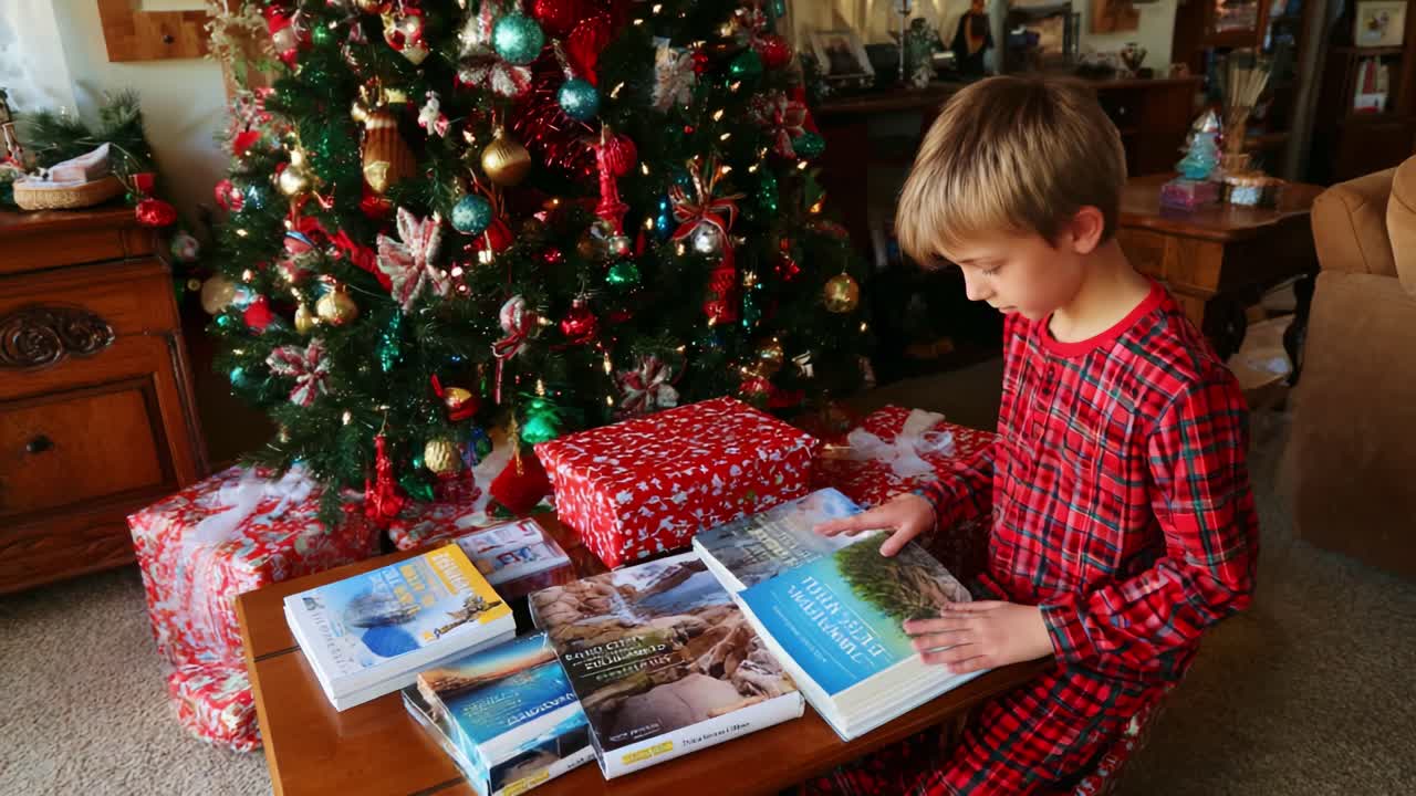 A Young Boy in Cozy Pajamas Seated by a Christmas Tree, Enthusiastically Exploring a Collection of Beautifully Illustrated Books Amidst Festive Holiday Decorations