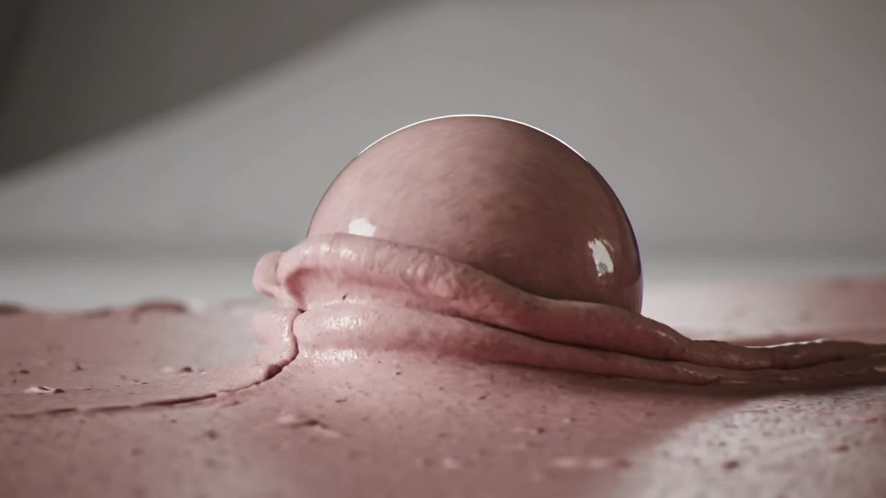 Formando un anello vischioso rosa che si innalza attorno a una sfera trasparente su una piastra da studio, seguendo il posizionamento delle perline.