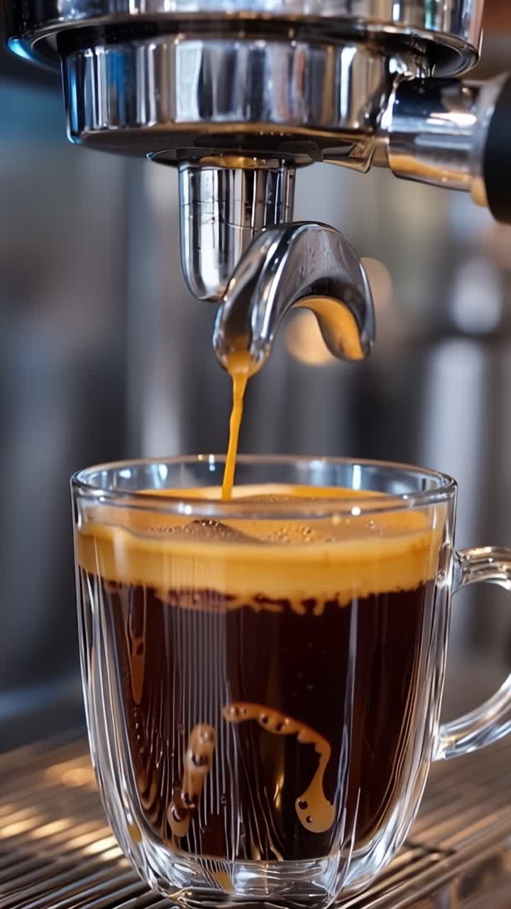 Processo de Preparo de Café: Expresso Rico Sendo Extraído em Xícara de Vidro com Camada de Crema e Bela Gradação de Cores da Máquina de Café Expresso