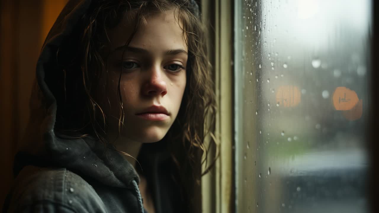 Sad teenage girl with wet hair, wearing a hooded sweatshirt, gazing out a window as raindrops fall on a gloomy day, enveloped in feelings of loneliness and despair