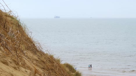 formby beach, merseyside coastline beach a ship sails on the horizon