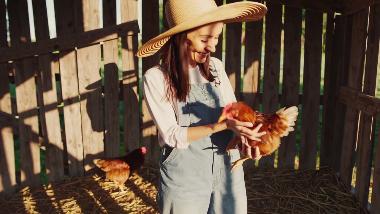 Woman feeding and caring for chickens in a rustic coop