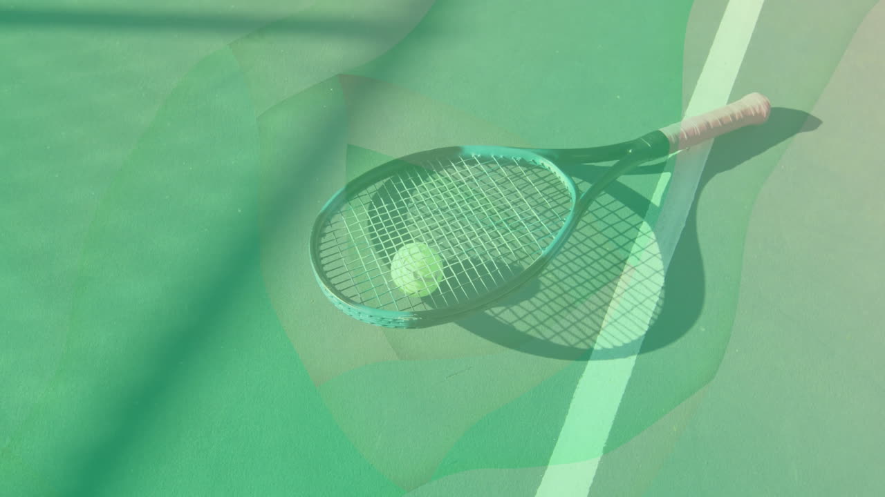 Ball resting on tennis racket strings on green court with white line in 3D, showing shadows