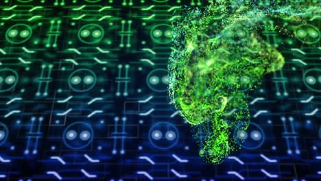 Animation-of-green-mesh,-data-processing-over-computer-circuit-board