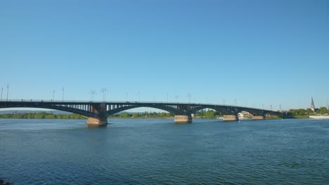 panorama shot of the theodor heuss brücke bridge between mainz and wiesbaden, hesse and rhineland palatinate with the river rhine on a sunny summer day