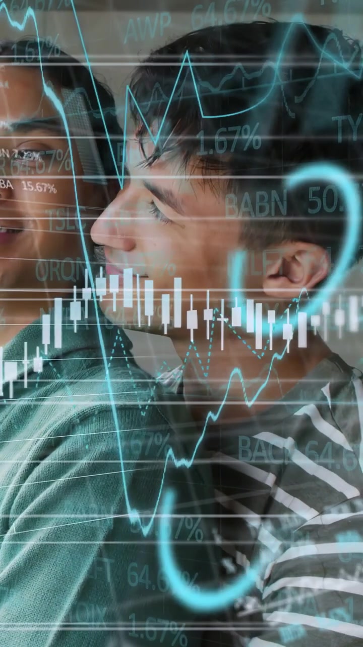 Vertical video: Male leaning on partner, smiling as finance HUD showing +7